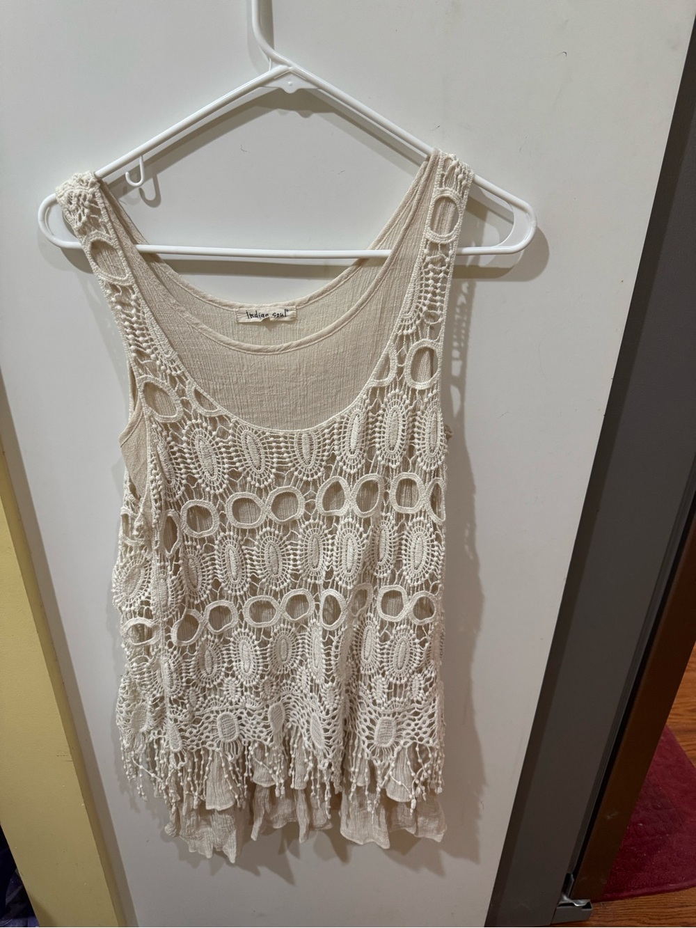 indigo soul Cream Crochet Fringe Tank Top